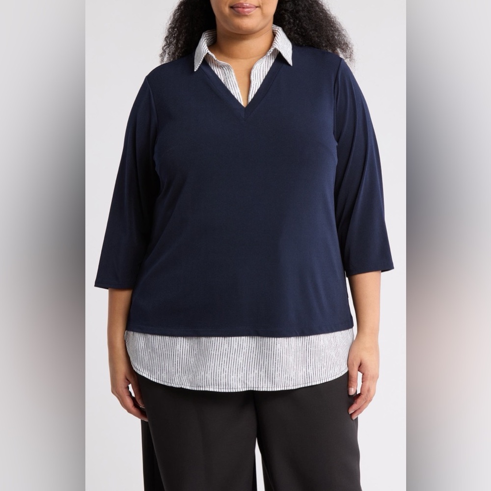 Adrianna Papell Stripe Twofer Sweater Top Navy White Striped Hem 2x 18W 20W NWOT